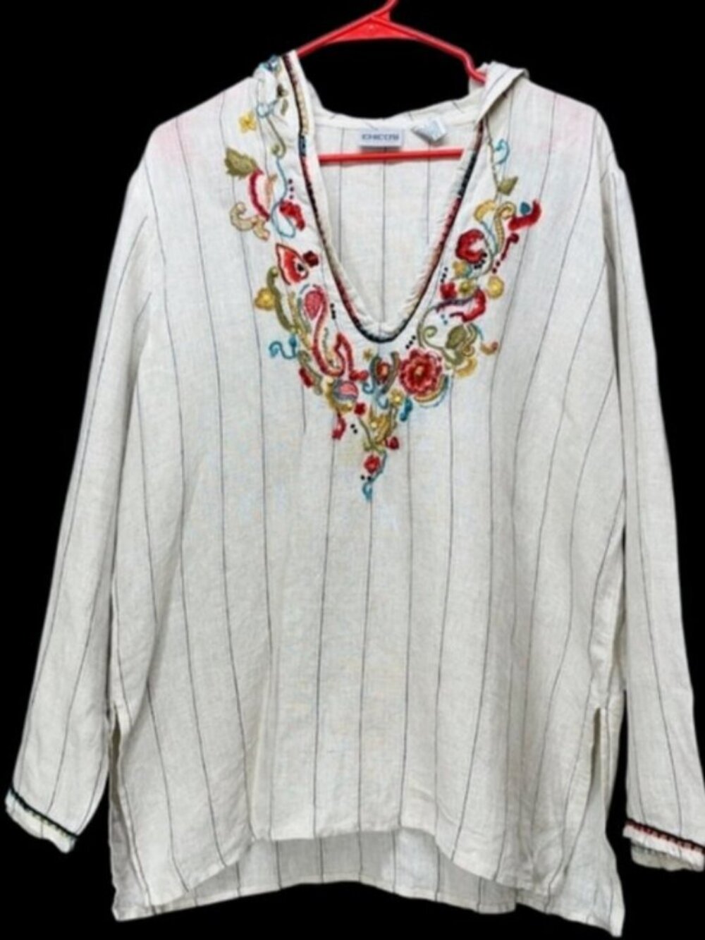 Chicos Womens Tunic Size 3 US XL Linen Floral Embroidered Hooded Beaded Artsy